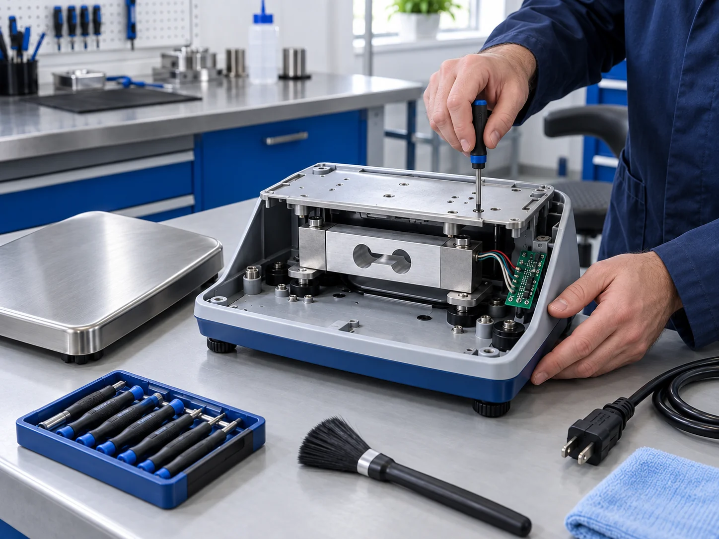 Técnico interviniendo el mecanismo interno de una balanza