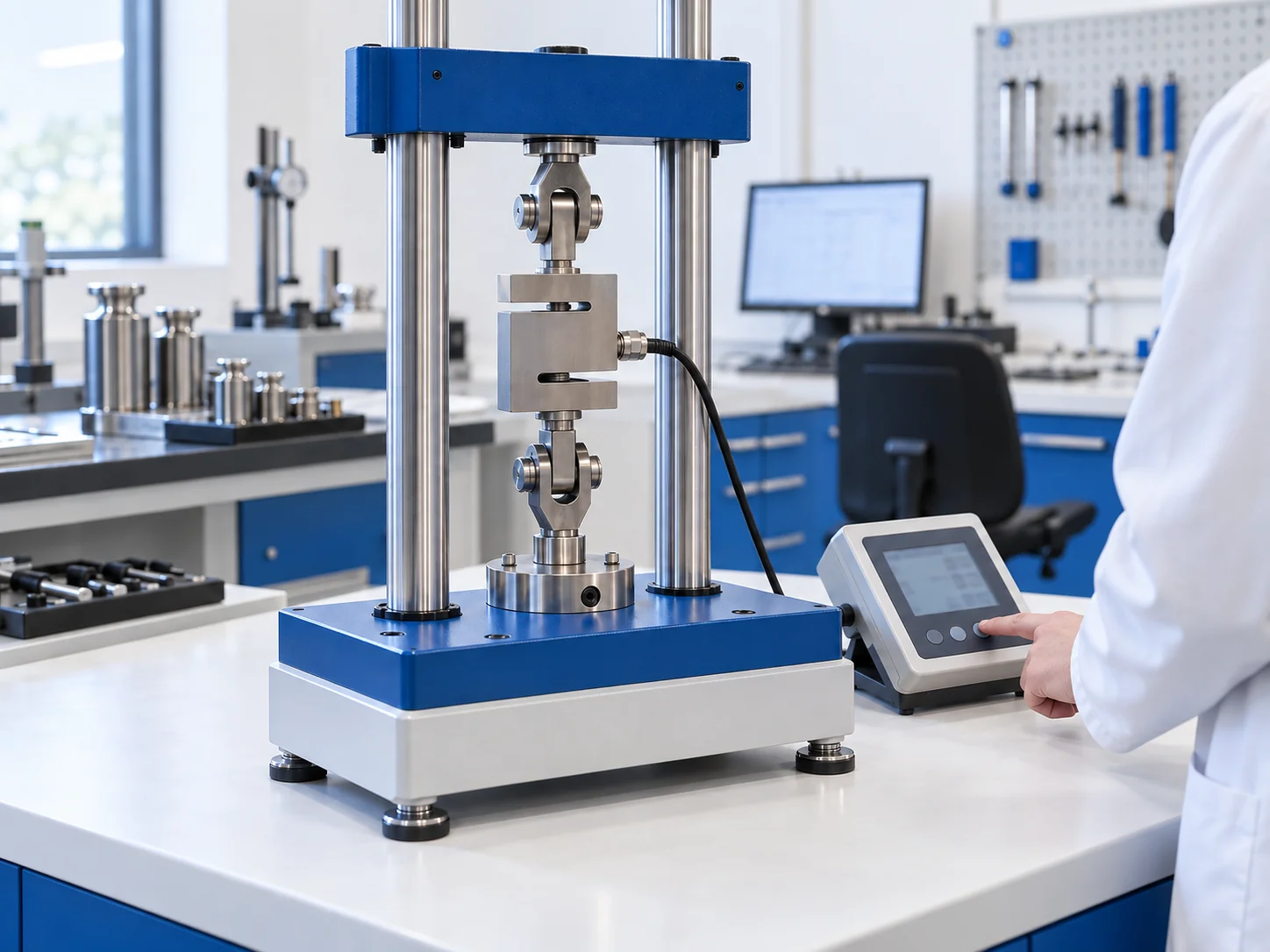 Especialista operando el indicador de una máquina de calibración de fuerza