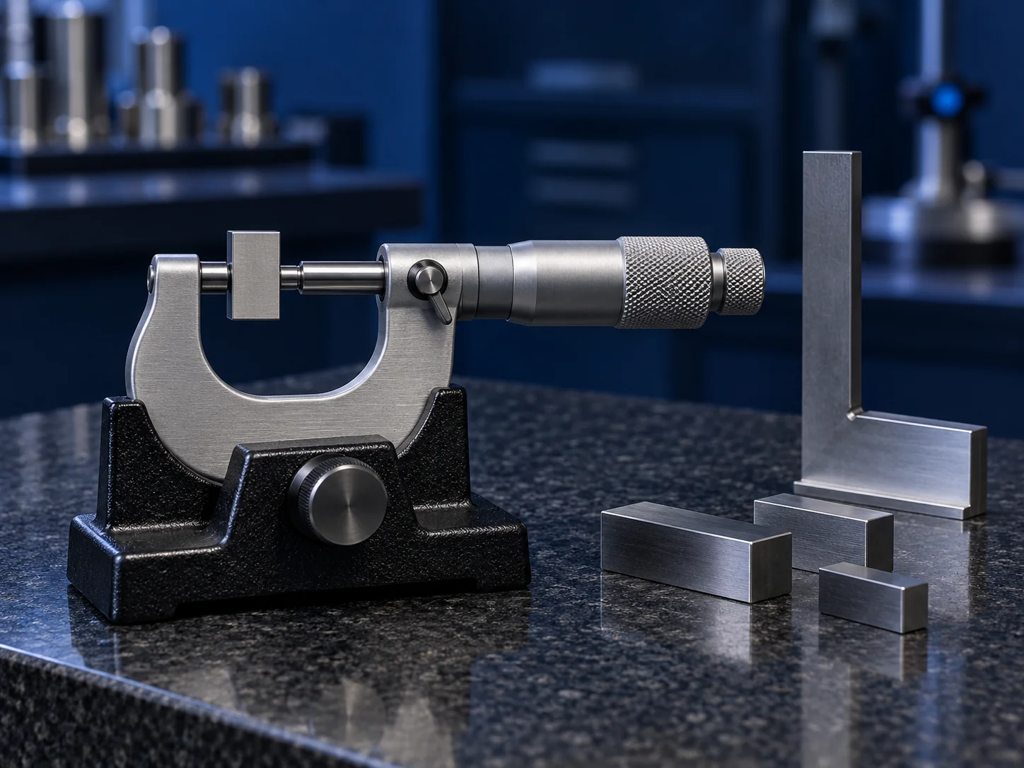 Micrómetro y bloques patrón para verificación dimensional
