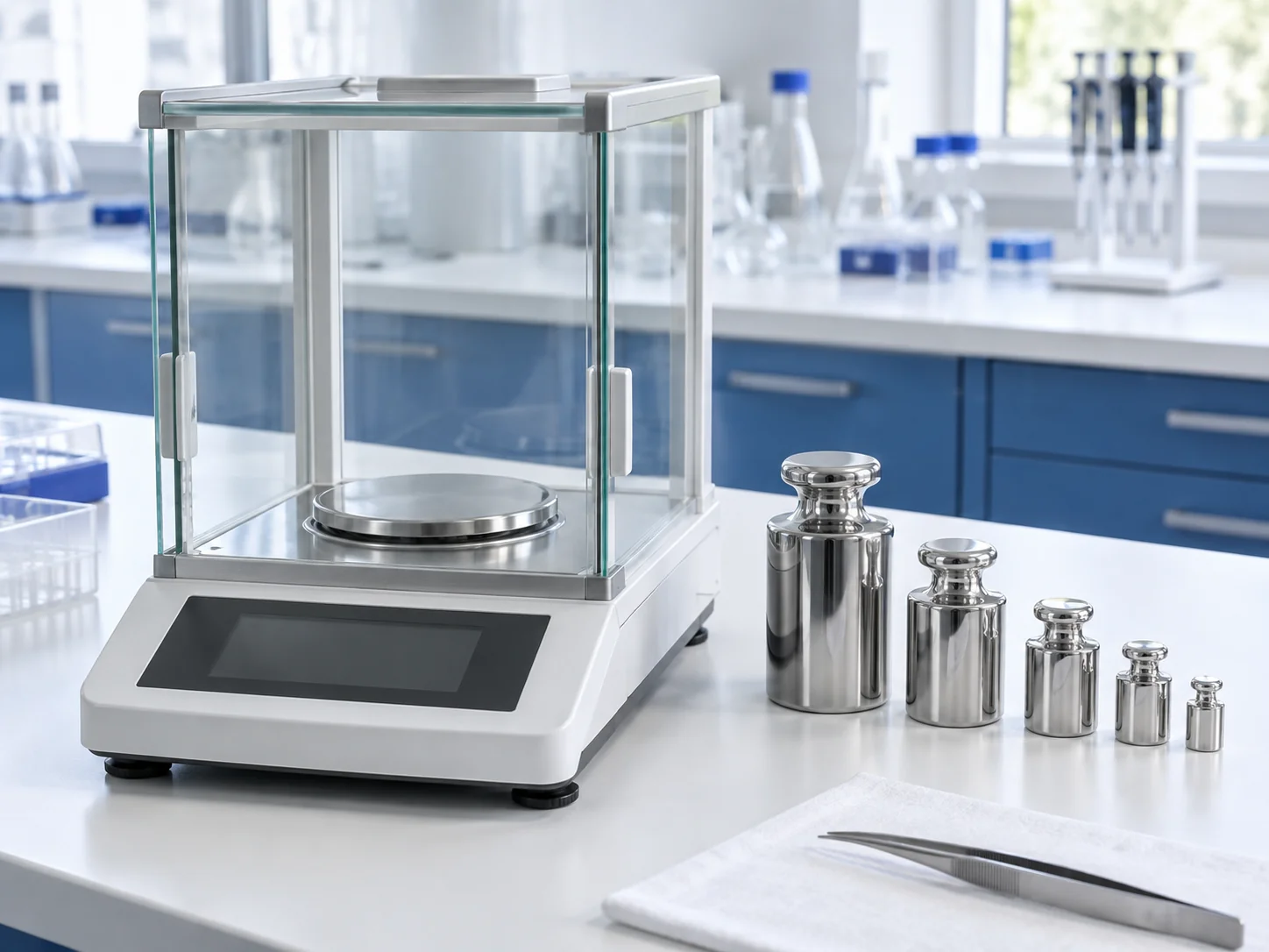 Balanza analítica de laboratorio junto a un juego de pesas patrón