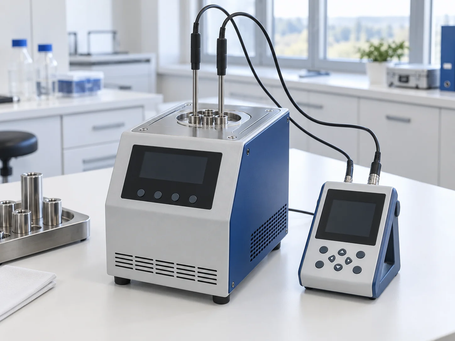Equipo de calibración de temperatura con sondas conectadas en laboratorio