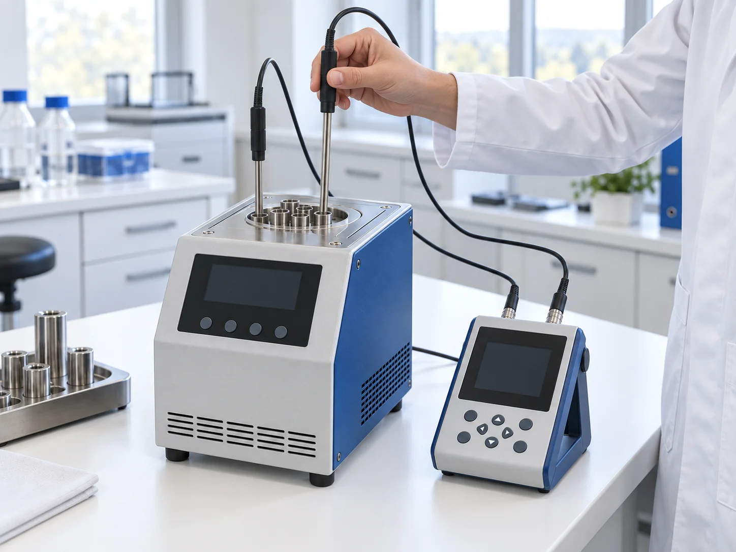 Especialista ajustando una sonda durante la calibración de temperatura
