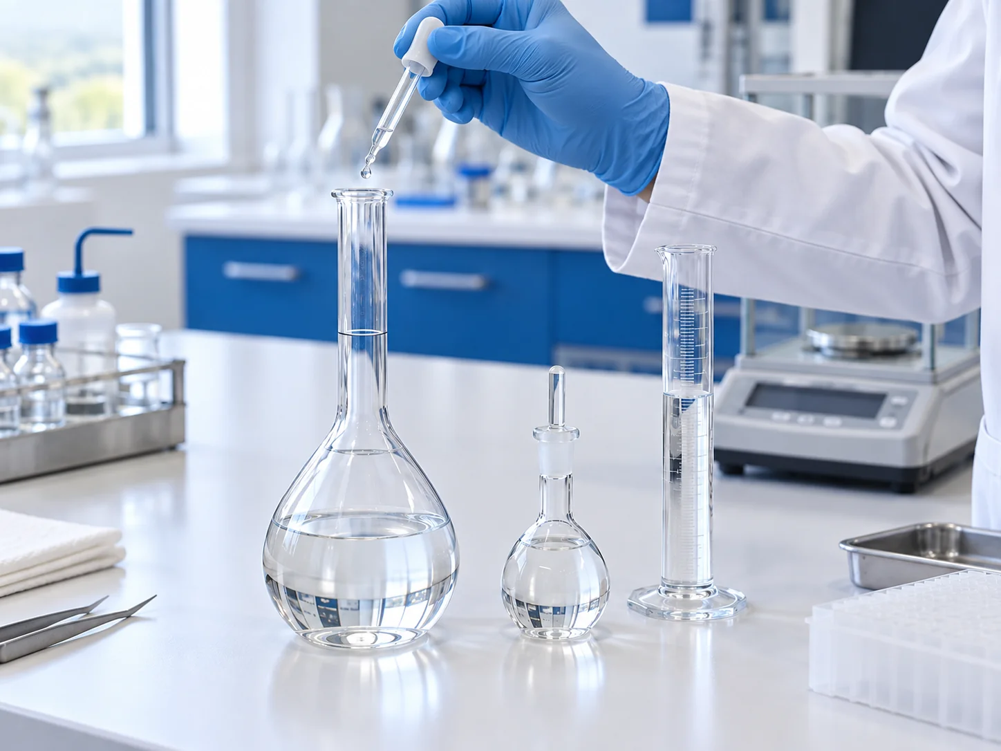 Dosificación de líquido con pipeta sobre material volumétrico de vidrio